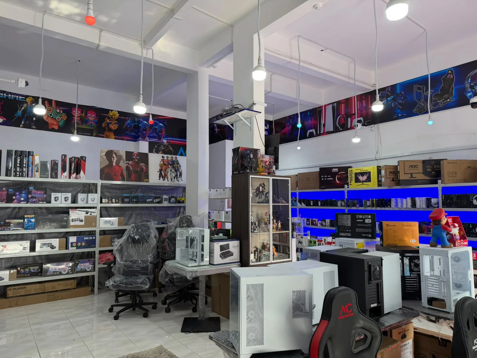 Bright retail interior with computers and gaming products
